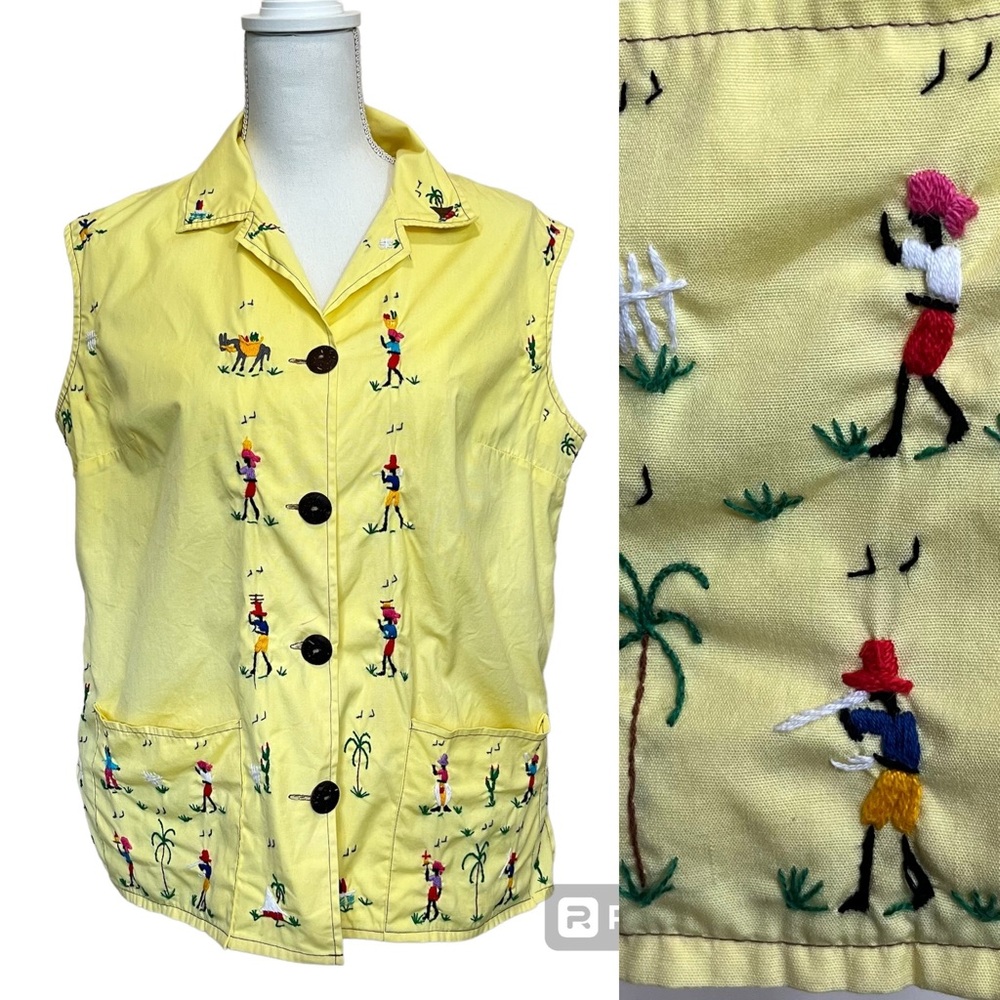 Vintage Haitian Handmade Embroidered Sleeveless Button Up Shirt